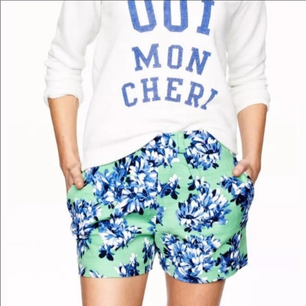 J. Crew Green Blue Floral Back Zip Cotton Shorts